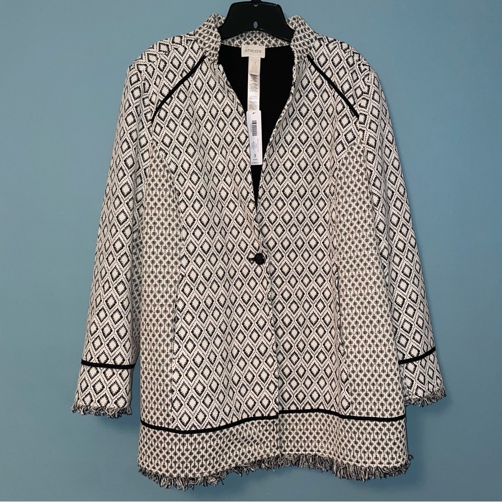 Chico’s Pieced Knit Jacquard Jacket Single Button Closure Size XL